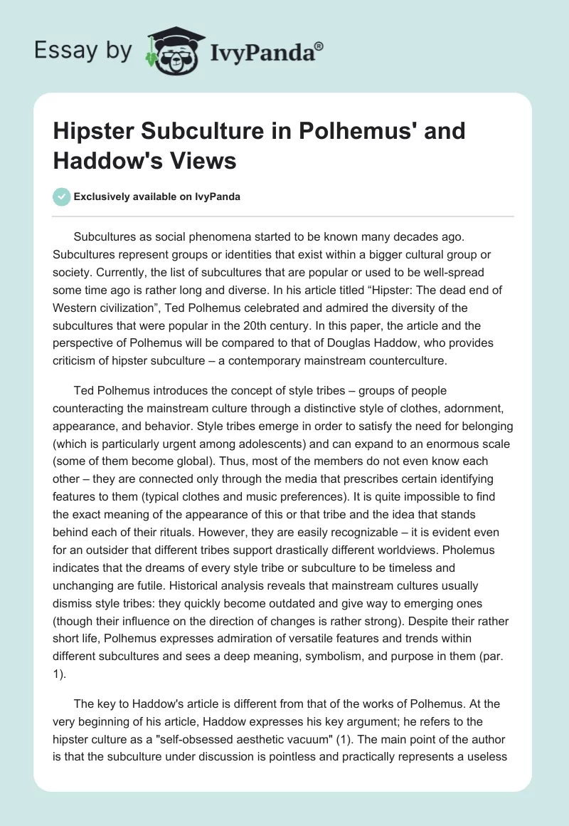 Hipster Subculture in Polhemus' and Haddow's Views. Page 1
