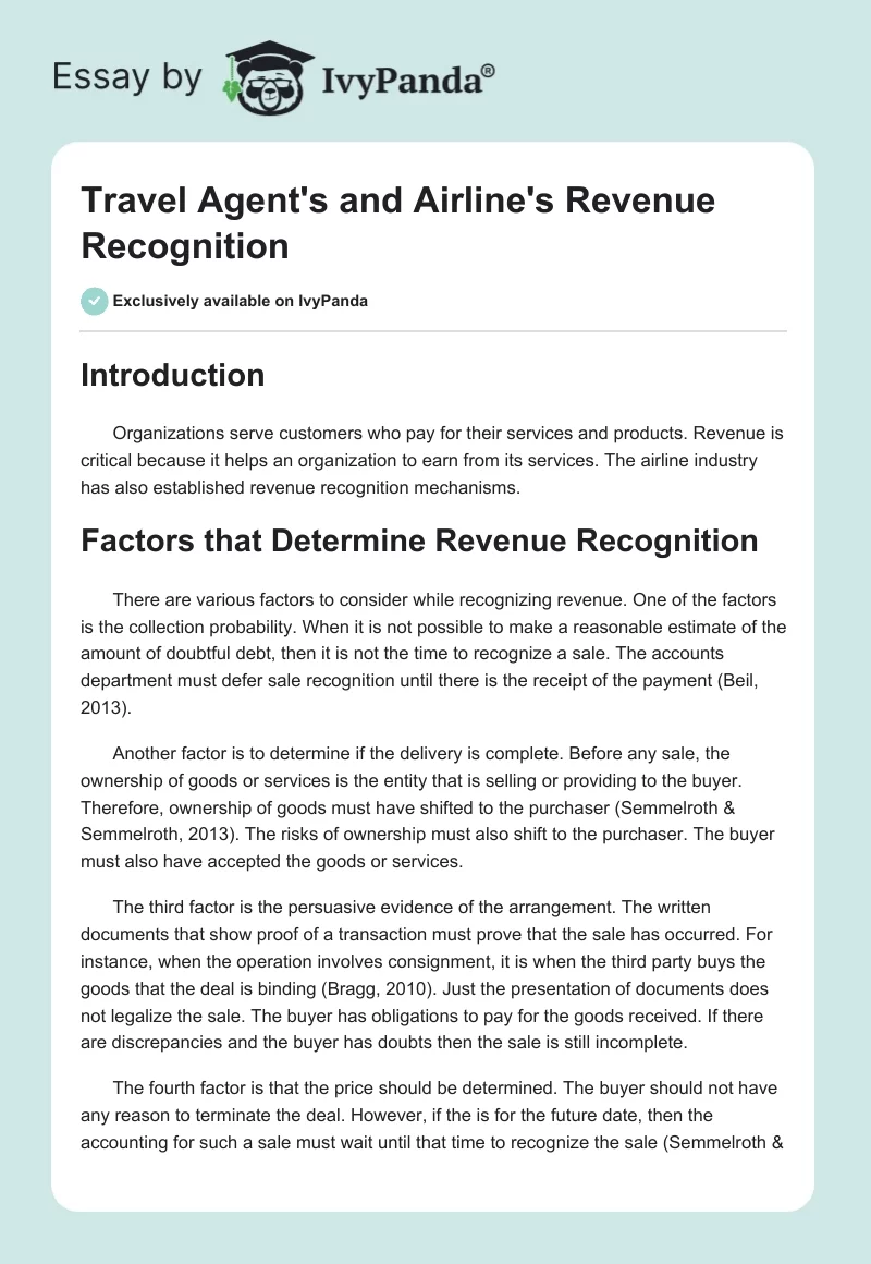 Travel Agent's and Airline's Revenue Recognition. Page 1
