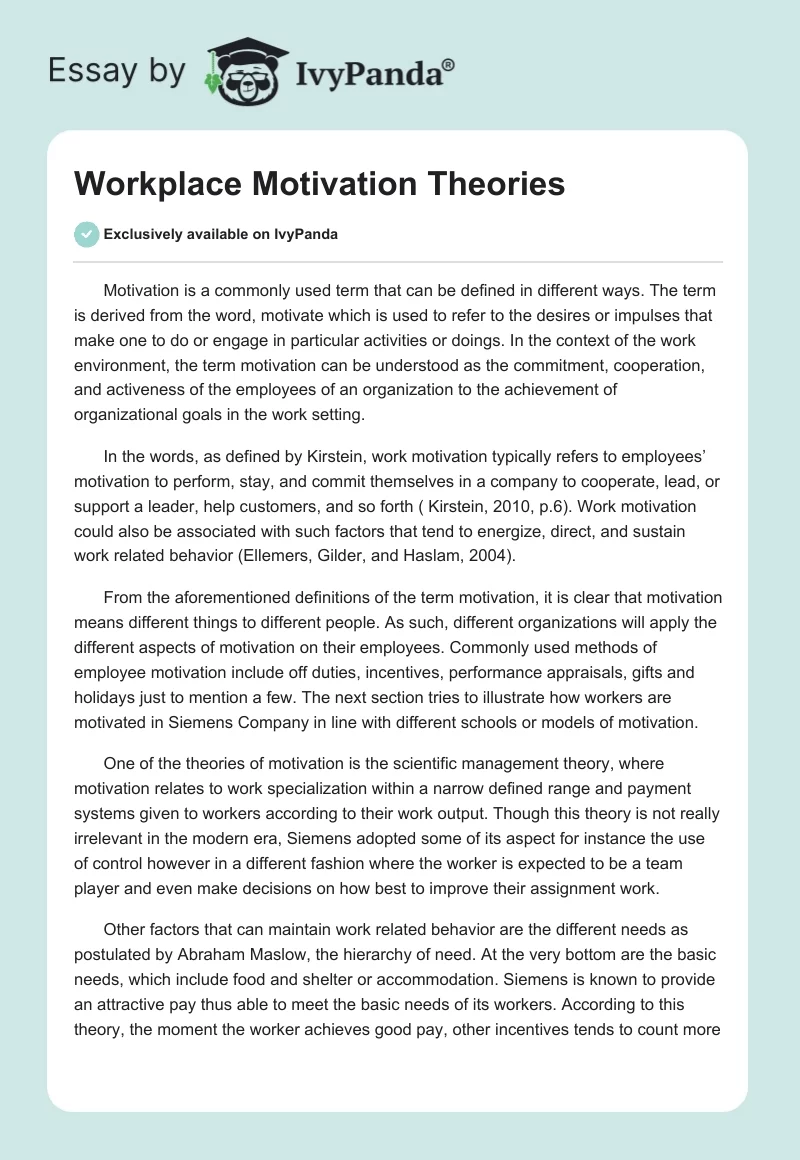 Workplace Motivation Theories. Page 1