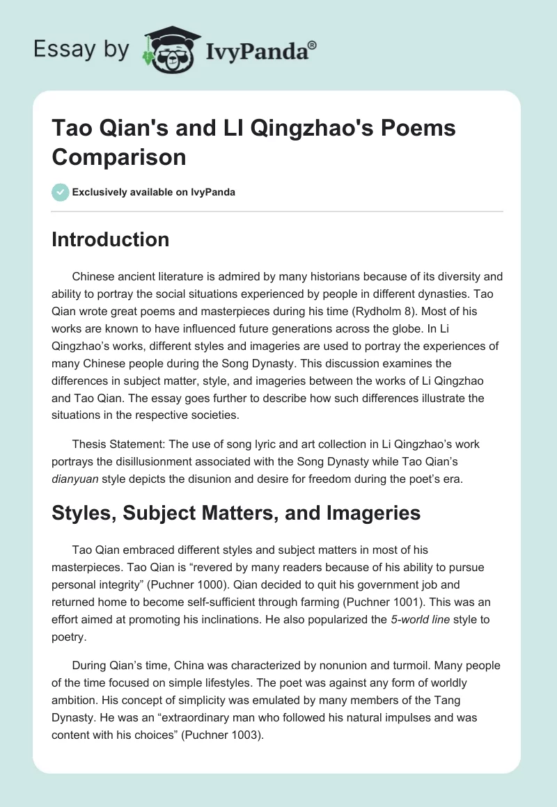 Tao Qian's and LI Qingzhao's Poems Comparison. Page 1