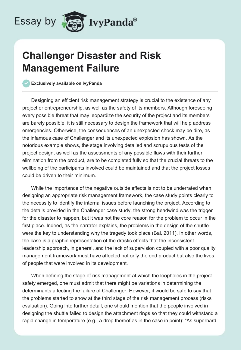 Challenger Disaster and Risk Management Failure. Page 1