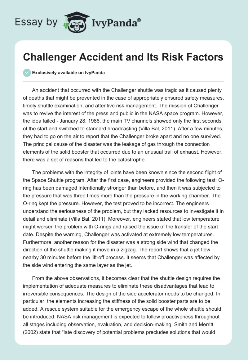 Challenger Accident and Its Risk Factors. Page 1