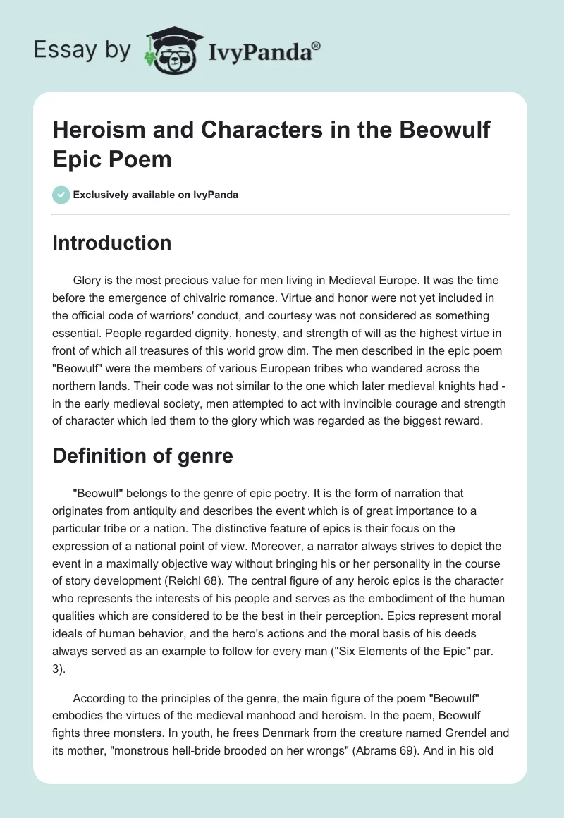 Heroism and Characters in the "Beowulf" Epic Poem. Page 1