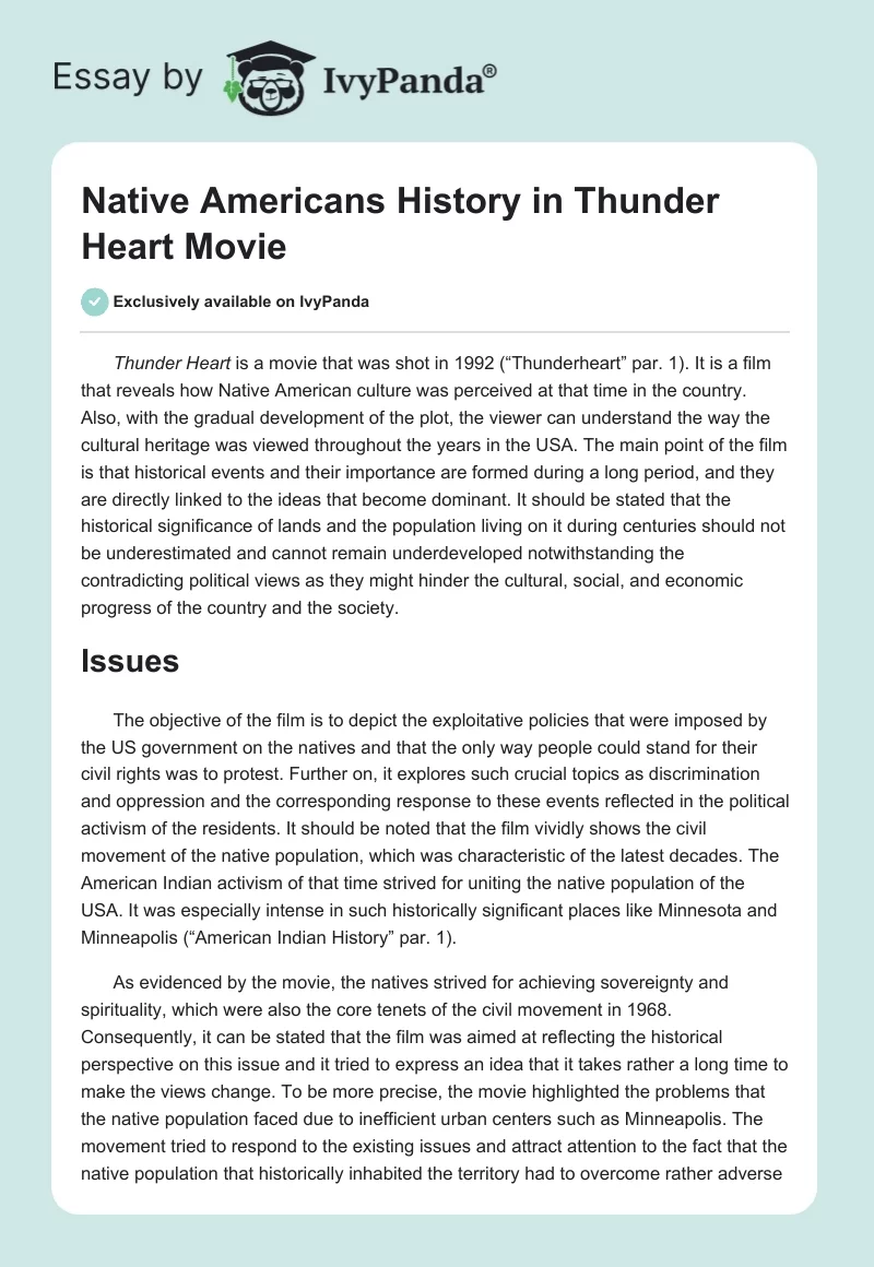 Native Americans History in "Thunder Heart" Movie. Page 1