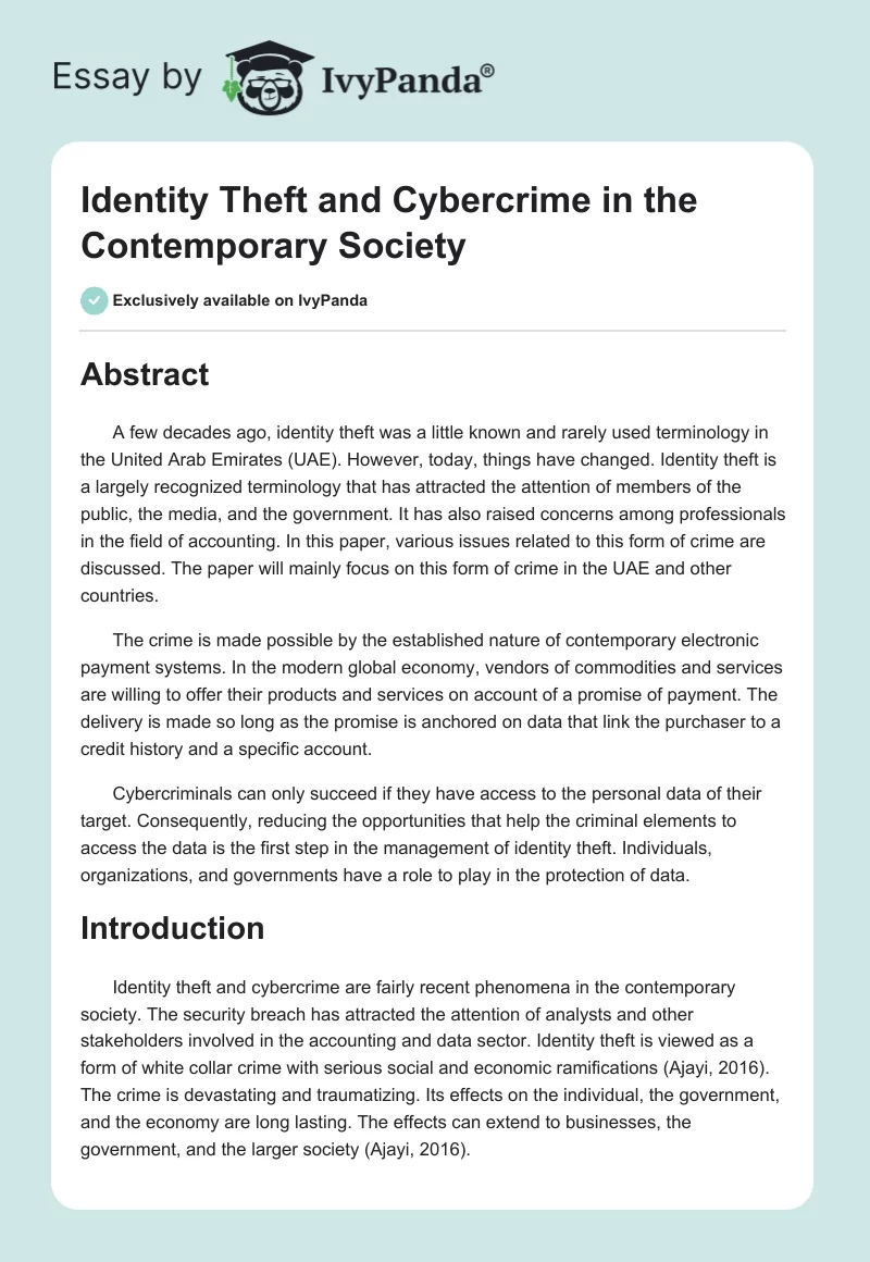 Identity Theft and Cybercrime in the Contemporary Society. Page 1