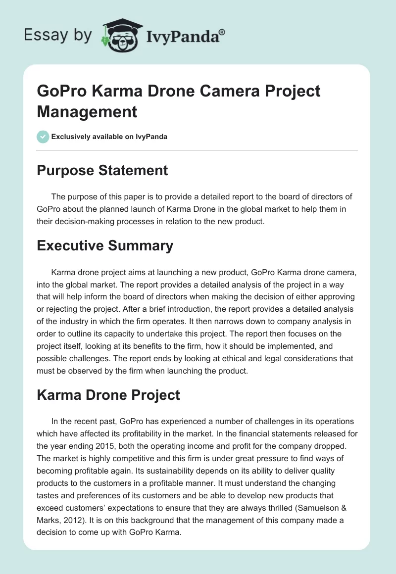 GoPro Karma Drone Camera Project Management. Page 1