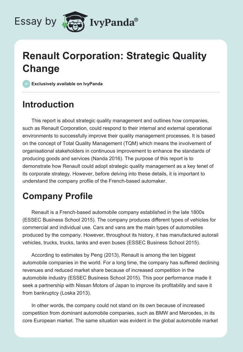 Renault Corporation: Strategic Quality Change. Page 1