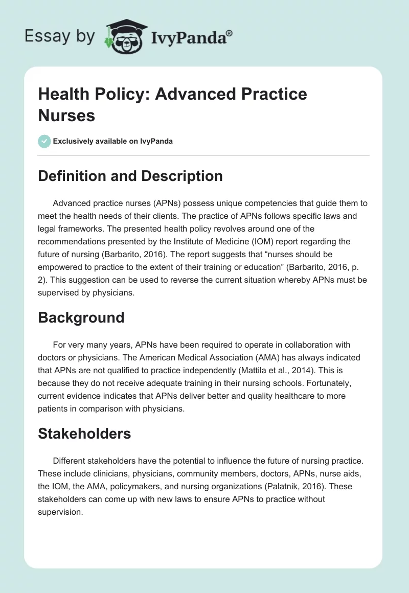 Health Policy: Advanced Practice Nurses. Page 1
