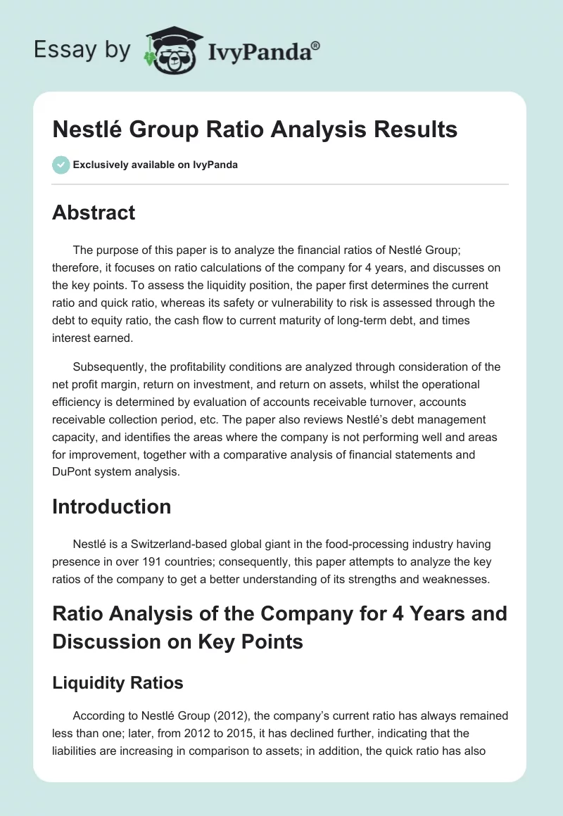 Nestlé Group Ratio Analysis Results. Page 1