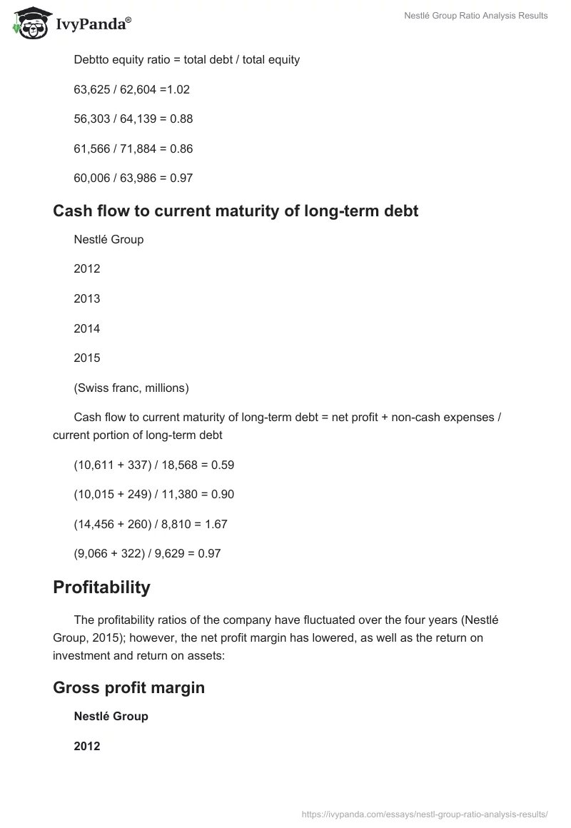 Nestlé Group Ratio Analysis Results. Page 4