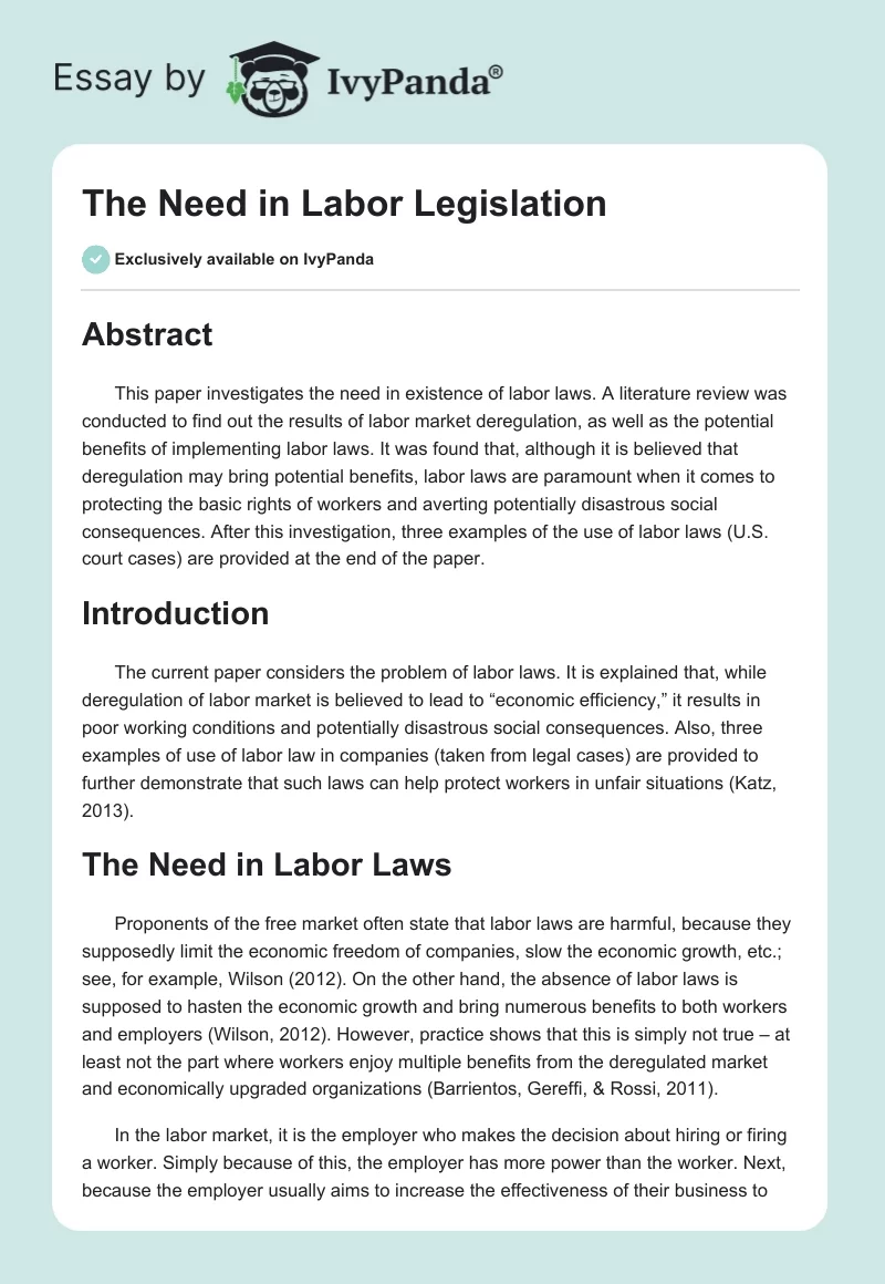 The Need in Labor Legislation. Page 1