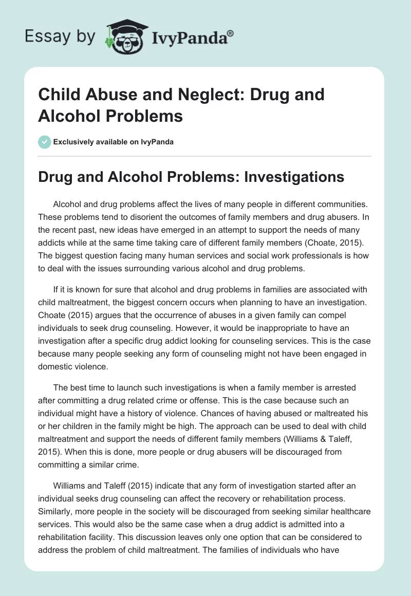 Child Abuse and Neglect: Drug and Alcohol Problems. Page 1