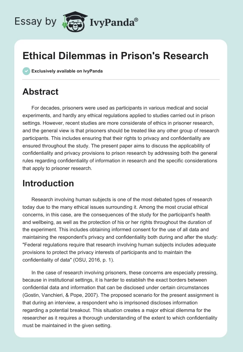 Ethical Dilemmas in Prison's Research. Page 1