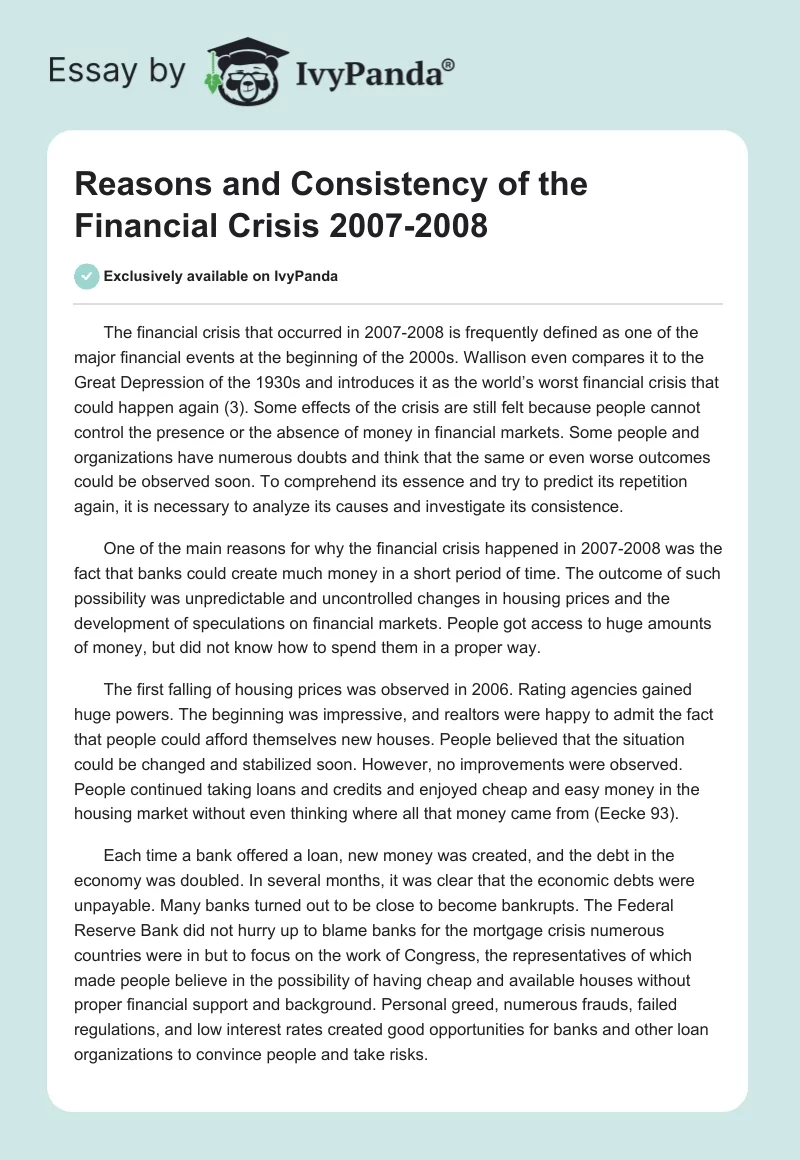 Reasons and Consistency of the Financial Crisis 2007-2008. Page 1