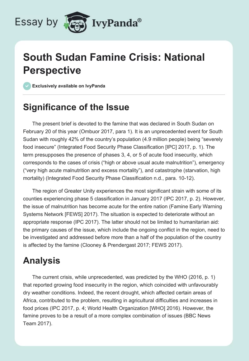 South Sudan Famine Crisis: National Perspective. Page 1