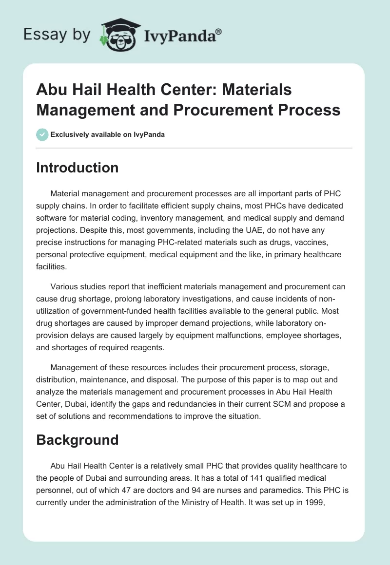 Abu Hail Health Center: Materials Management and Procurement Process. Page 1
