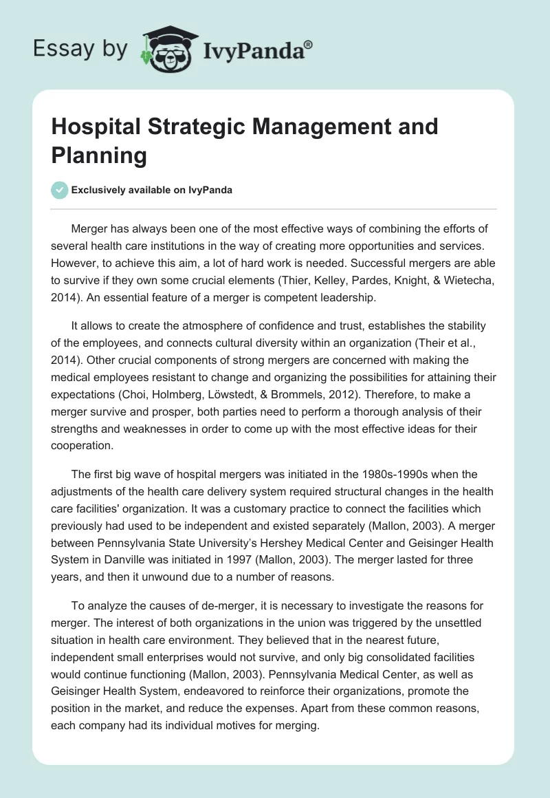 Hospital Strategic Management and Planning. Page 1