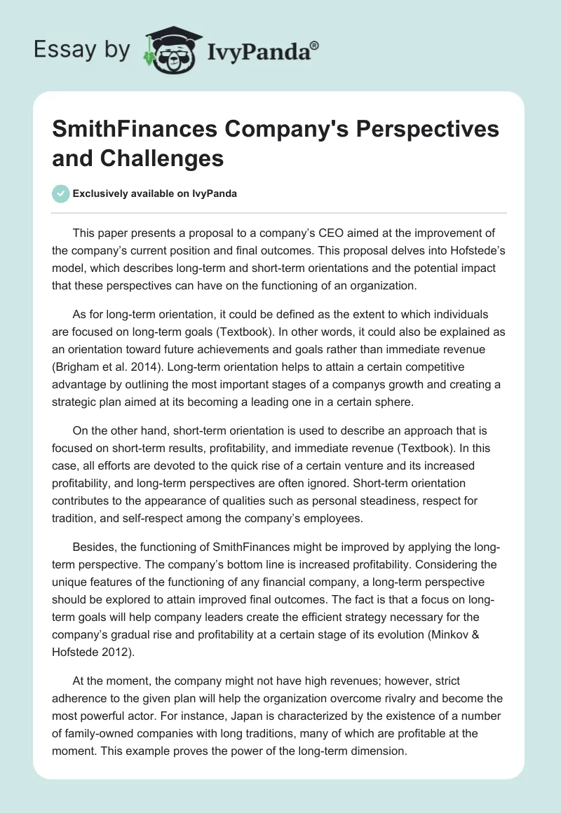 SmithFinances Company's Perspectives and Challenges. Page 1