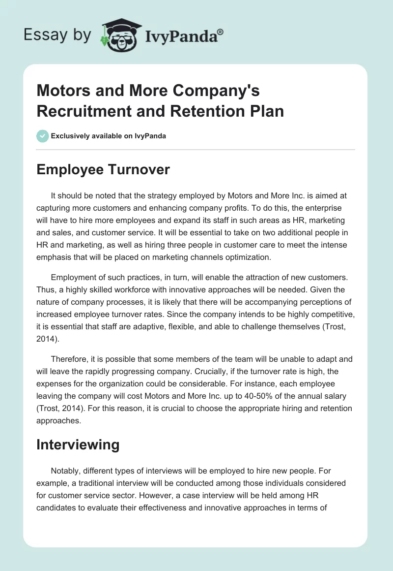 Motors and More Company's Recruitment and Retention Plan. Page 1