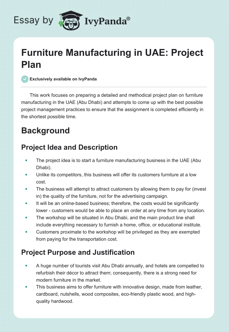 Furniture Manufacturing in UAE: Project Plan. Page 1