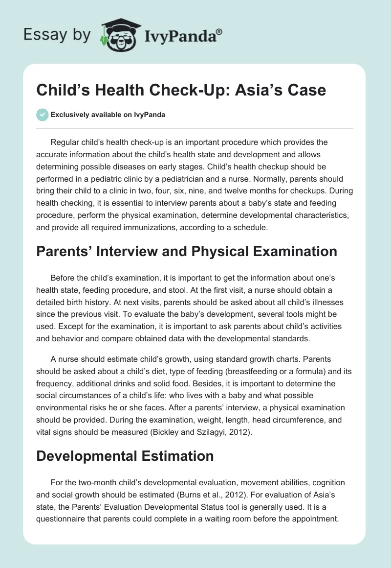 Child’s Health Check-Up: Asia’s Case. Page 1