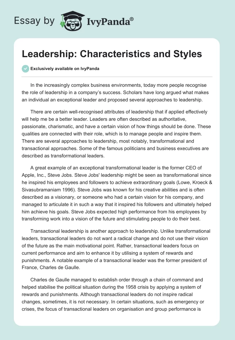 Leadership: Characteristics and Styles. Page 1