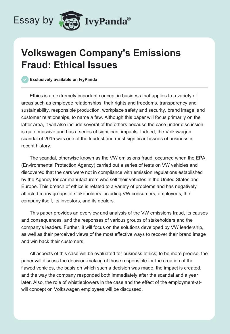 Volkswagen Company's Emissions Fraud: Ethical Issues. Page 1