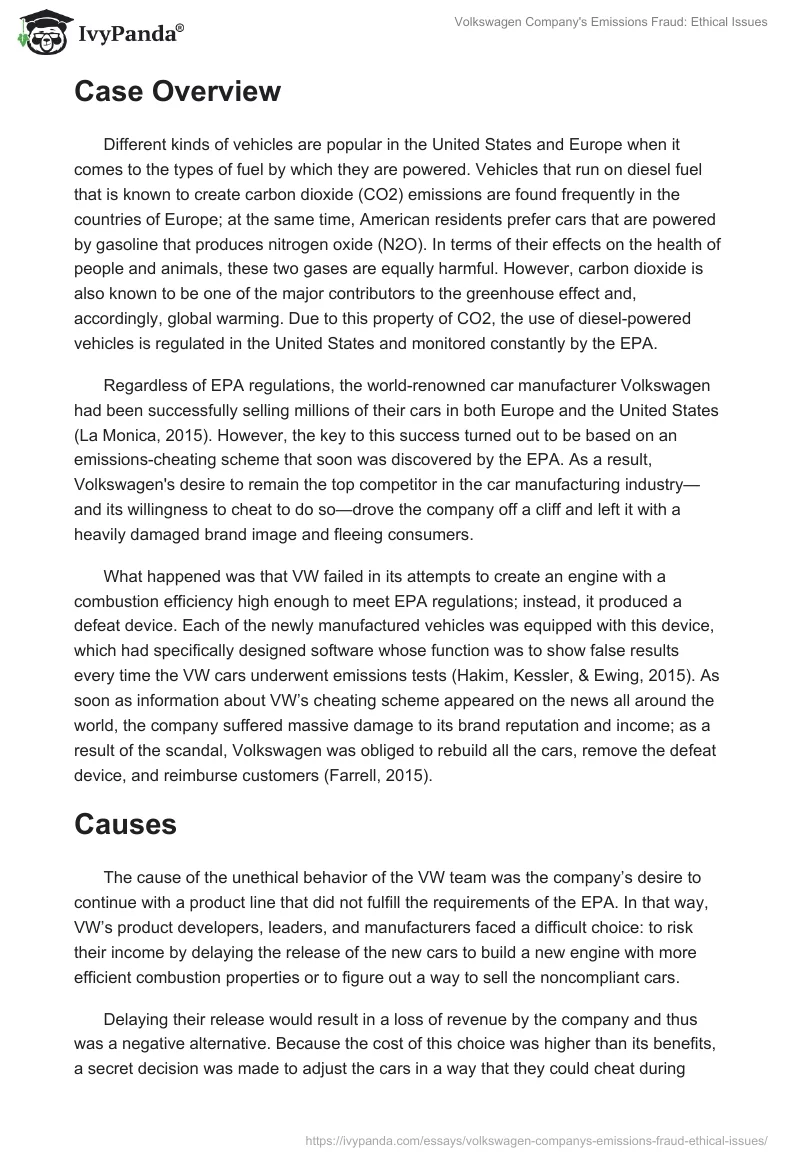 Volkswagen Company's Emissions Fraud: Ethical Issues. Page 2