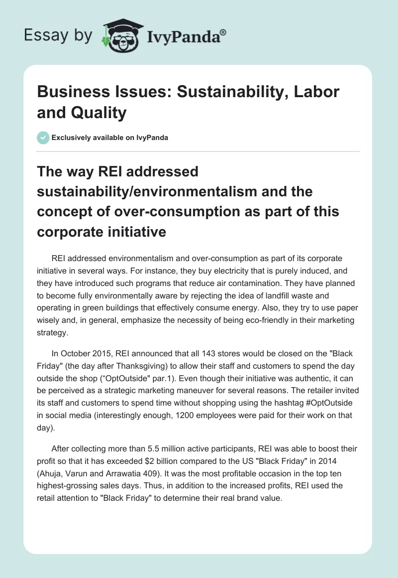 Business Issues: Sustainability, Labor and Quality. Page 1