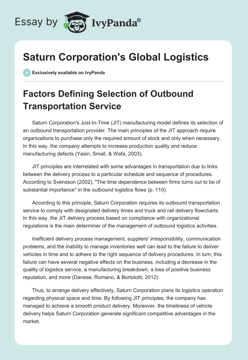 Saturn Corporation's Global Logistics. Page 1