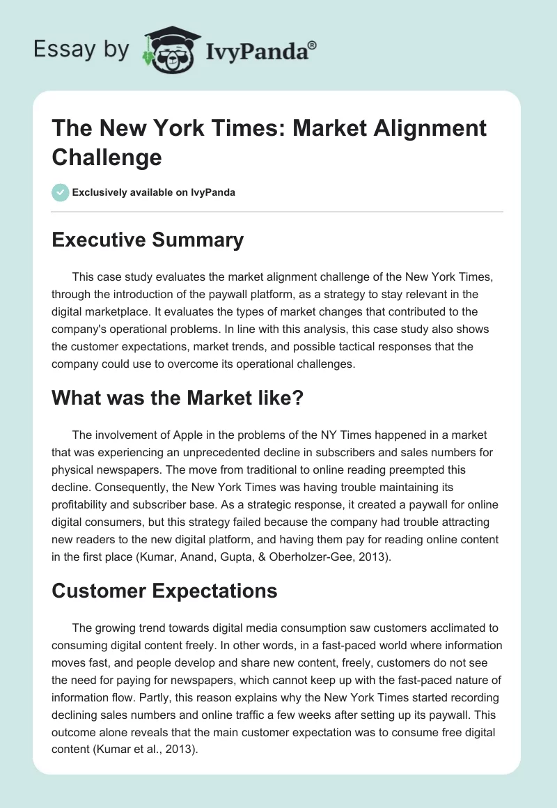The New York Times: Market Alignment Challenge. Page 1