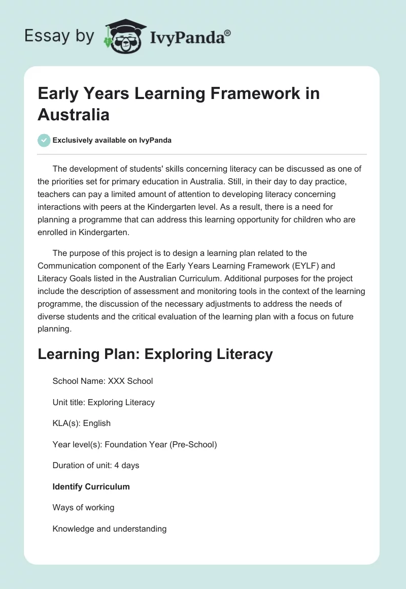Early Years Learning Framework in Australia. Page 1