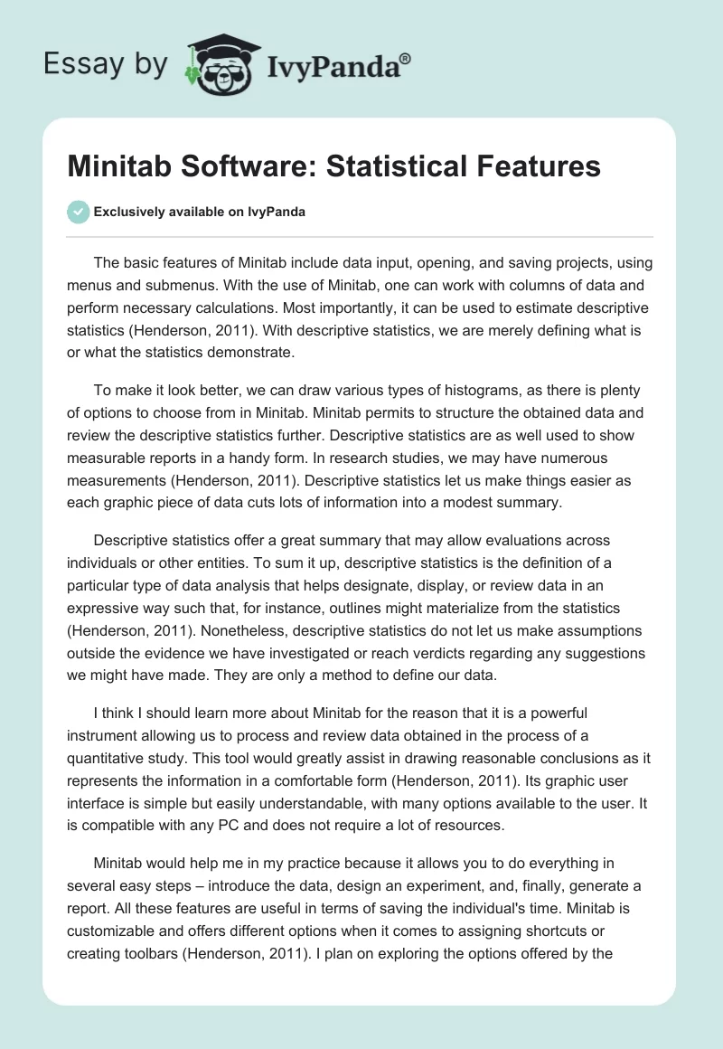 Minitab Software: Statistical Features. Page 1