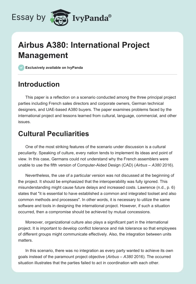 Airbus A380: International Project Management. Page 1