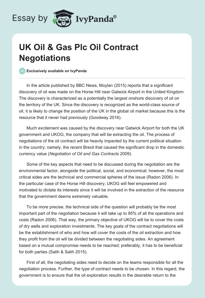 UK Oil & Gas Plc Oil Contract Negotiations. Page 1