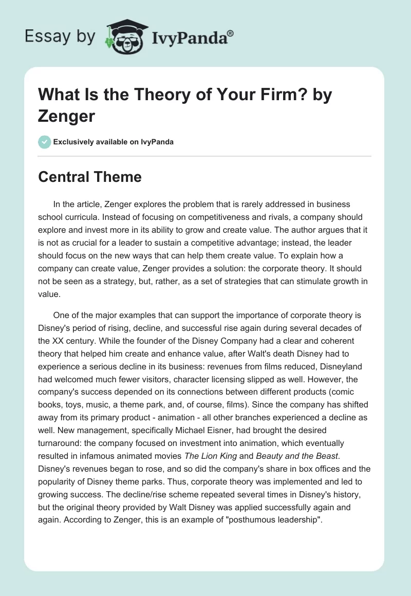 "What Is the Theory of Your Firm?" by Zenger. Page 1