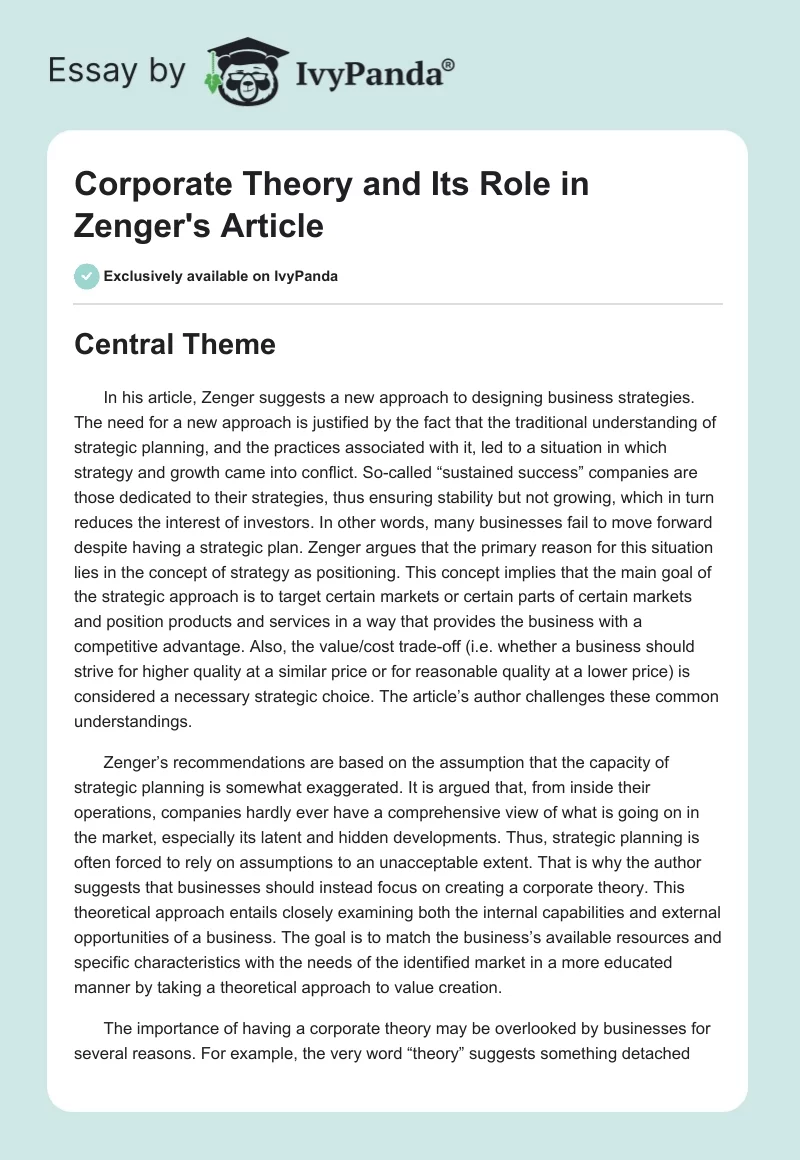 Corporate Theory and Its Role in Zenger's Article. Page 1