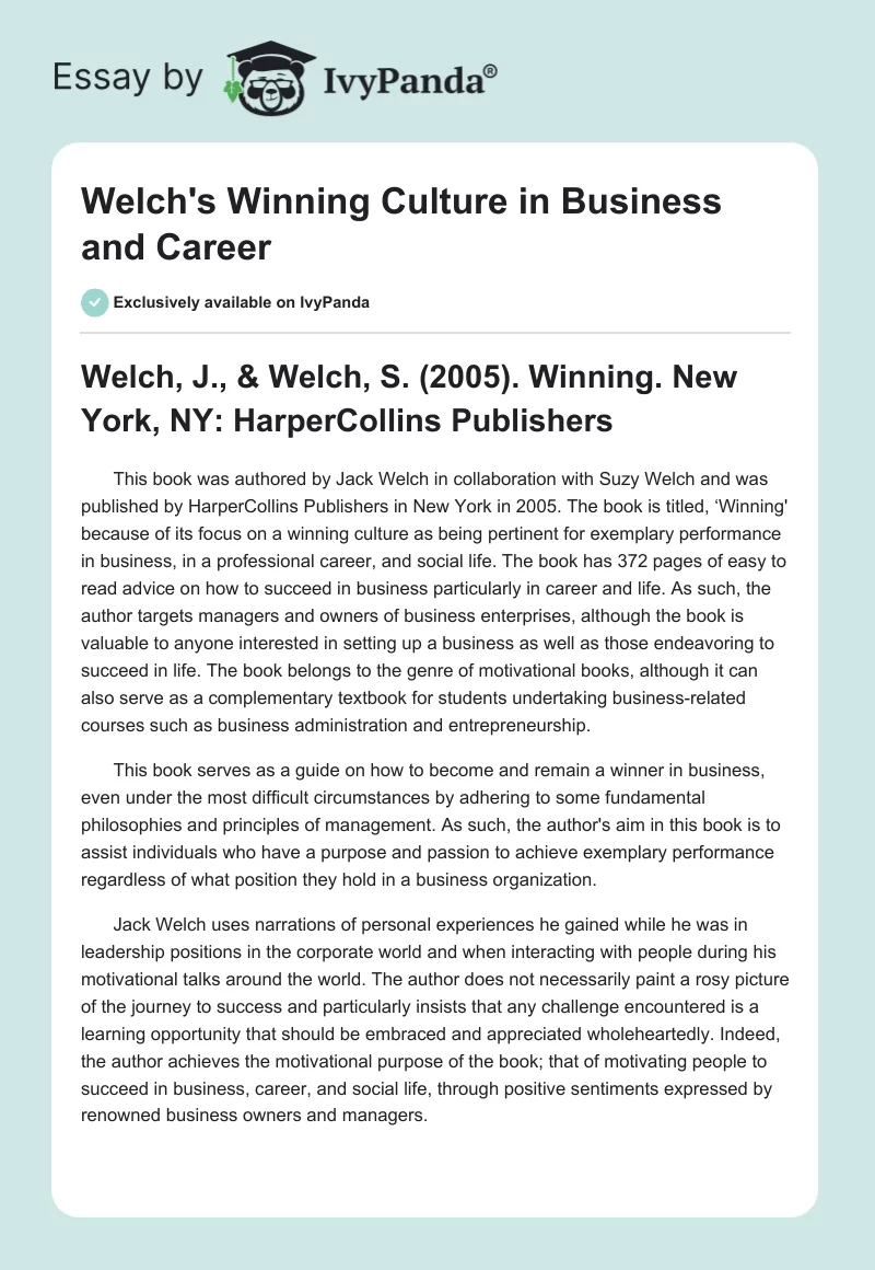 Welch's Winning Culture in Business and Career. Page 1