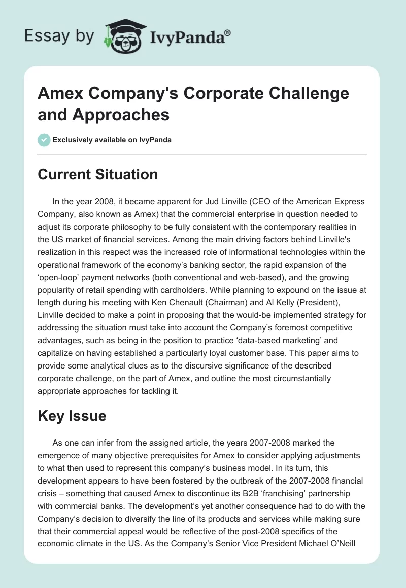 Amex Company's Corporate Challenge and Approaches. Page 1