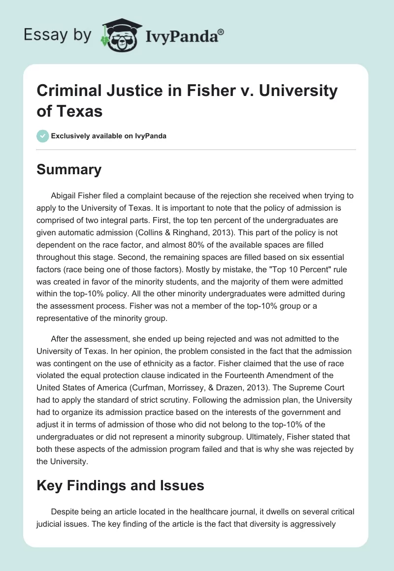Criminal Justice in Fisher vs. University of Texas. Page 1