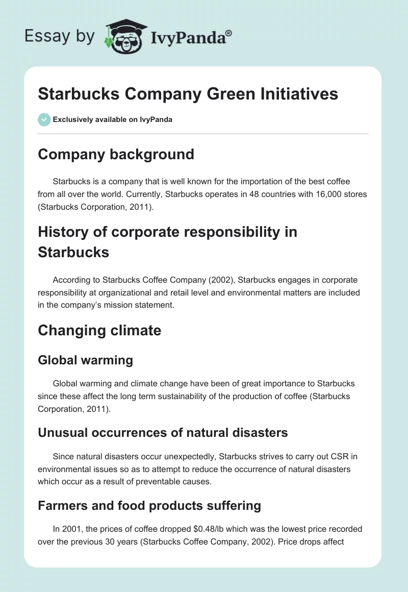 Starbucks Company Green Initiatives. Page 1