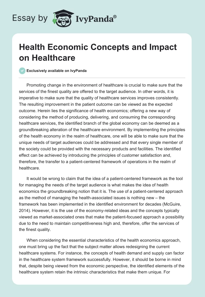 Health Economic Concepts and Impact on Healthcare. Page 1