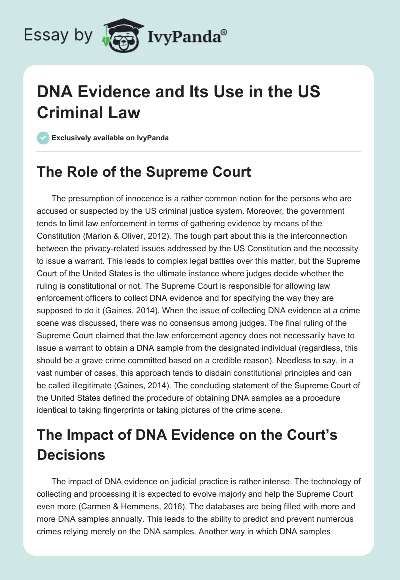 DNA Evidence and Its Use in the US Criminal Law. Page 1