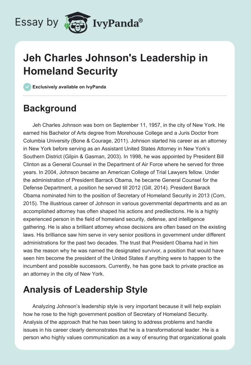 Jeh Charles Johnson's Leadership in Homeland Security. Page 1