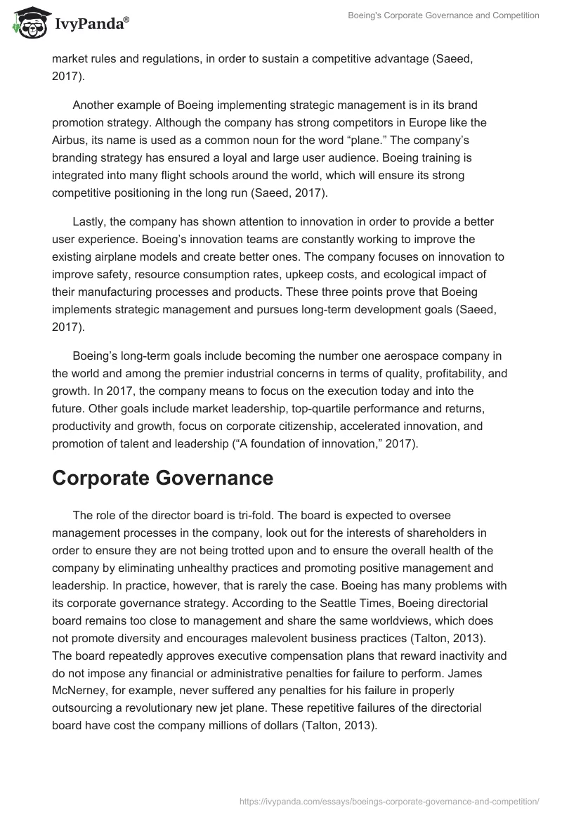 Boeing's Corporate Governance and Competition. Page 2