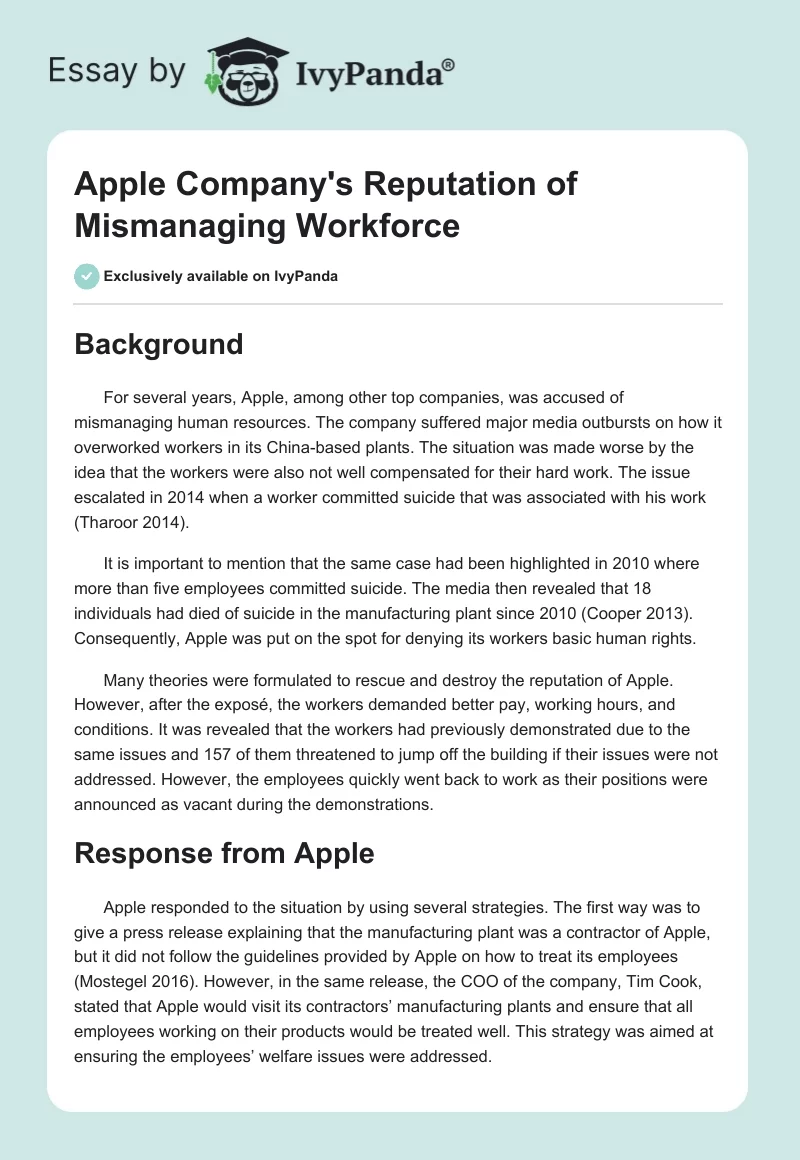 Apple Company's Reputation of Mismanaging Workforce. Page 1