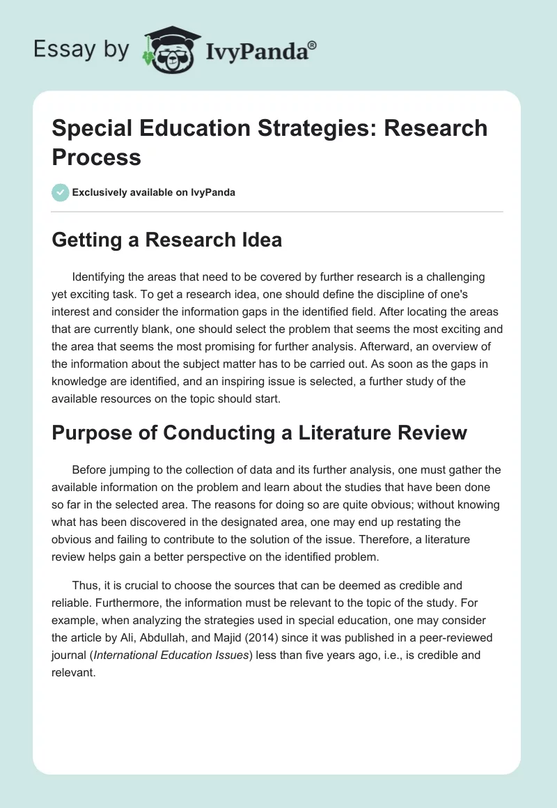 Special Education Strategies: Research Process. Page 1