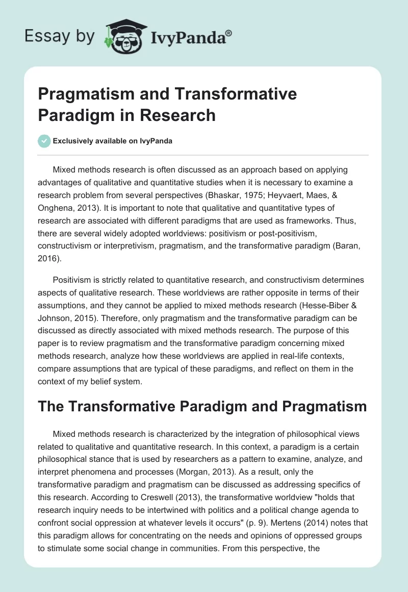 Pragmatism and Transformative Paradigm in Research. Page 1