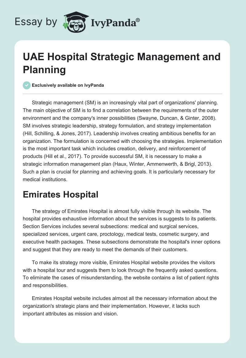 UAE Hospital Strategic Management and Planning. Page 1