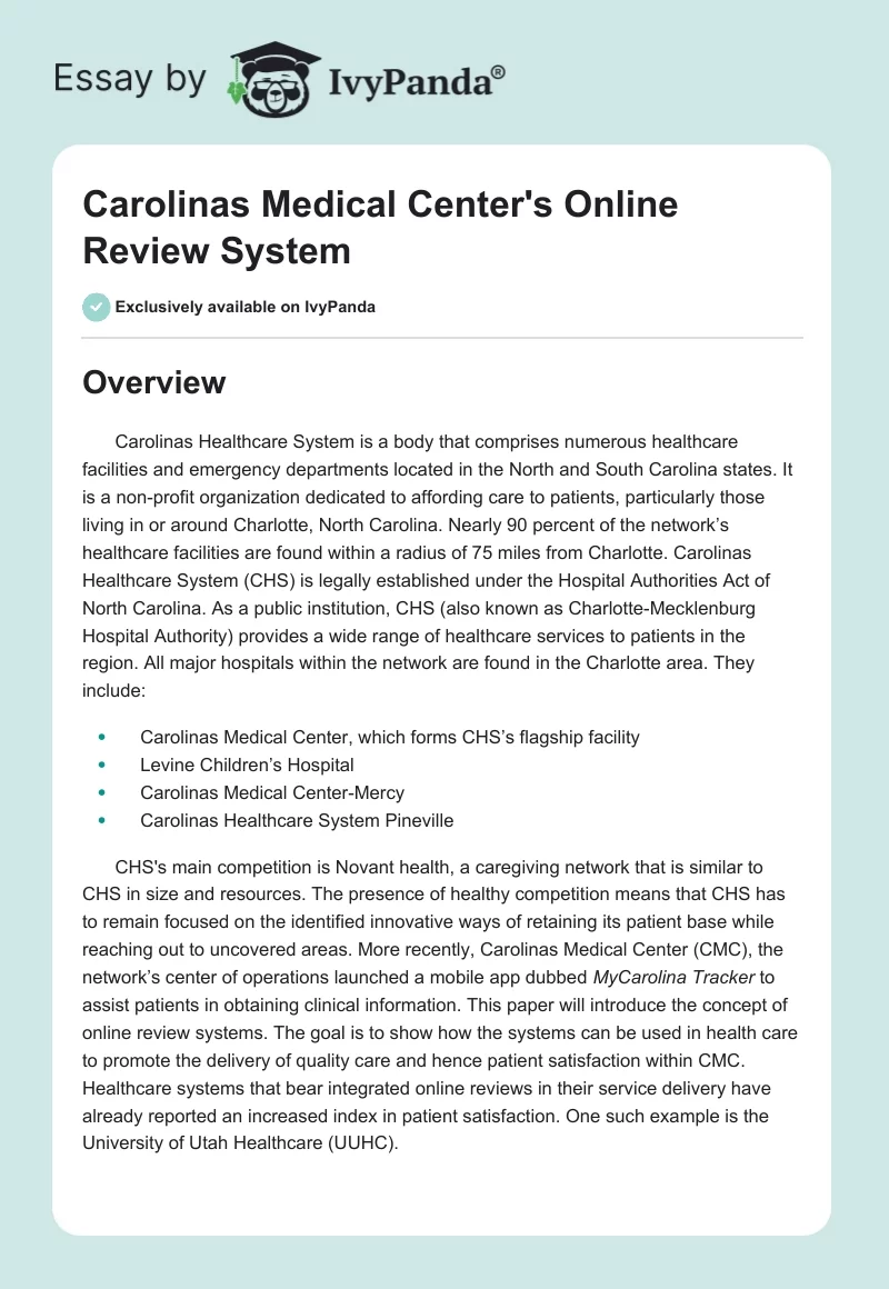 Carolinas Medical Center's Online Review System. Page 1